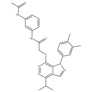 CC(=O)Nc1cccc(NC(=O)CSc2nnc(C(C)C)c3cnn(-c4ccc(C)c(C)c4)c23)c1结构式