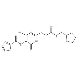 N-(4-amino-6-oxo-2-((2-oxo-2-(((tetrahydrofuran-2-yl)methyl)amino)ethyl)thio)-1,6-dihydropyrimidin-5-yl)thiophene-2-carboxamide结构式
