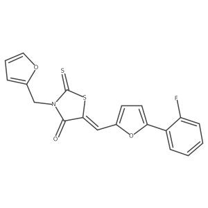 (E)-5-((5-(2-fluorophenyl)furan-2-yl)methylene)-3-(furan-2-ylmethyl)-2-thioxothiazolidin-4-one结构式