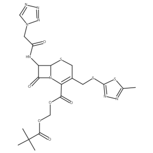 5-Thia-1-azabicyclo[4.2.0]oct-2-ene-2-carboxylic acid, 3-[[(5-methyl-1,3,4-thiadiazol-2-yl)thio]methyl]-8-oxo-7-[(1H-tetrazol-1-ylacetyl)amino]-, (2,2-dimethyl-1-oxopropoxy)methyl ester, (6R-trans)-结构式