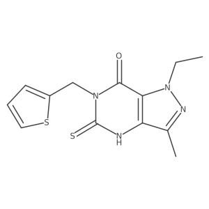 1-ethyl-3-methyl-6-(thiophen-2-ylmethyl)-5-thioxo-1,4,5,6-tetrahydro-7H-pyrazolo[4,3-d]pyrimidin-7-one结构式
