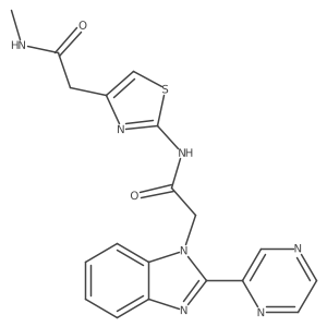 N-methyl-2-(2-(2-(2-(pyrazin-2-yl)-1H-benzo[d]imidazol-1-yl)acetamido)thiazol-4-yl)acetamide结构式