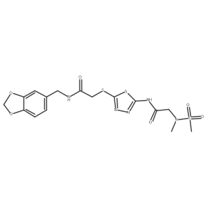 N-(benzo[d][1,3]dioxol-5-ylmethyl)-2-((5-(2-(N-methylmethylsulfonamido)acetamido)-1,3,4-thiadiazol-2-yl)thio)acetamide Structure