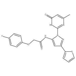2-(4-fluorophenoxy)-N-[1-(4-methyl-6-oxo-1,6-dihydropyrimidin-2-yl)-3-(thiophen-2-yl)-1H-pyrazol-5-yl]acetamide结构式