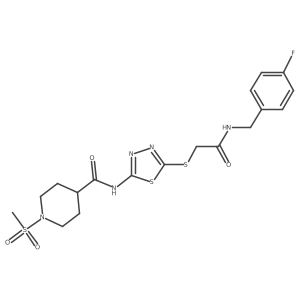N-(5-((2-((4-fluorobenzyl)amino)-2-oxoethyl)thio)-1,3,4-thiadiazol-2-yl)-1-(methylsulfonyl)piperidine-4-carboxamide Structure