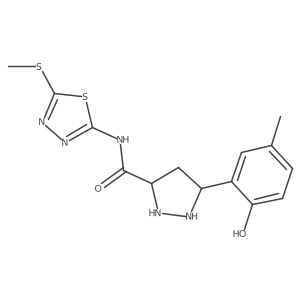 5-(2-hydroxy-5-methylphenyl)-N-(5-methylsulfanyl-1,3,4-thiadiazol-2-yl)pyrazolidine-3-carboxamide结构式