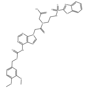 2-(N-(2-(Benzo[d]thiazole-2-sulfonamido)ethyl)-2-(6-((((3,4-dimethoxybenzyl)oxy)carbonyl)amino)-9H-purin-9-yl)acetamido)acetic acid Structure