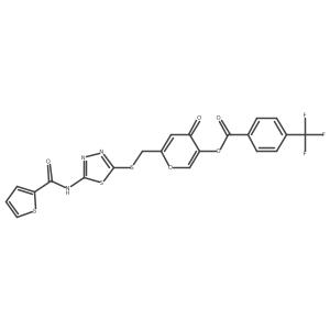 4-oxo-6-(((5-(thiophene-2-carboxamido)-1,3,4-thiadiazol-2-yl)thio)methyl)-4H-pyran-3-yl 4-(trifluoromethyl)benzoate结构式