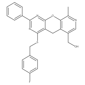 (4-((4-fluorobenzyl)thio)-9-methyl-2-phenyl-5H-pyrido[4',3':5,6]pyrano[2,3-d]pyrimidin-6-yl)methanol Structure