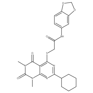 N-(benzo[d][1,3]dioxol-5-yl)-2-((2-cyclohexyl-6,8-dimethyl-5,7-dioxo-5,6,7,8-tetrahydropyrimido[4,5-d]pyrimidin-4-yl)thio)acetamide结构式