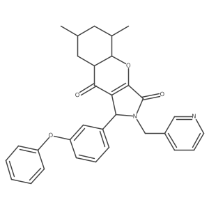 5,7-dimethyl-1-(3-phenoxyphenyl)-2-(pyridin-3-ylmethyl)-4a,5,6,7,8,8a-hexahydro-1H-chromeno[2,3-c]pyrrole-3,9-dione结构式