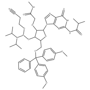 (2R,3R,4R,5R)-2-((Bis(4-methoxyphenyl)(phenyl)methoxy)methyl)-5-(2-isobutyramido-6-oxo-3,6-dihydro-9H-purin-9-yl)-4-(2-(methylamino)-2-oxoethoxy)tetrahydrofuran-3-yl (2-cyanoethyl) diisopropylphosphoramidite结构式