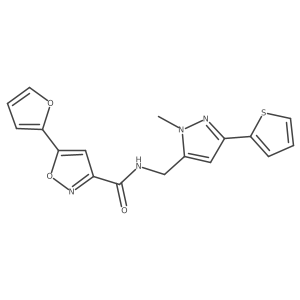 5-(furan-2-yl)-N-{[1-methyl-3-(thiophen-2-yl)-1H-pyrazol-5-yl]methyl}-1,2-oxazole-3-carboxamide结构式