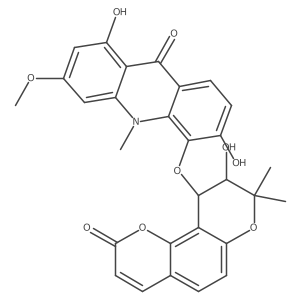 1,6-dihydroxy-5-[[(9S,10S)-9-hydroxy-8,8-dimethyl-2-oxo-9,10-dihydropyrano[2,3-f]chromen-10-yl]oxy]-3-methoxy-10-methylacridin-9-one结构式