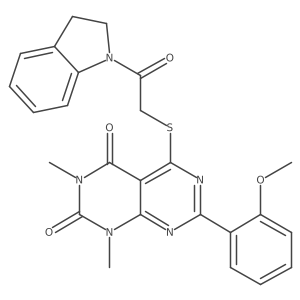 5-((2-(indolin-1-yl)-2-oxoethyl)thio)-7-(2-methoxyphenyl)-1,3-dimethylpyrimido[4,5-d]pyrimidine-2,4(1H,3H)-dione结构式