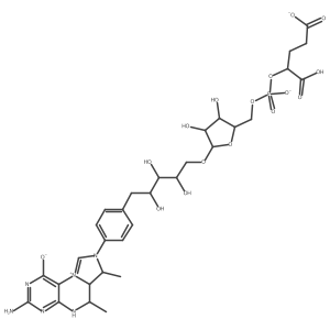 5-O-{5-O-[(1-Carboxy-3-carboxylatopropoxy)phosphinato]pentofuranosyl}-1-deoxy-1-[4-(3-imino-6,7-dimethyl-1-oxido-3,4,5,6,6a,7-hexahydroimidazo[1,5-f]pteridin-8-ium-8-yl)phenyl]pentitol结构式