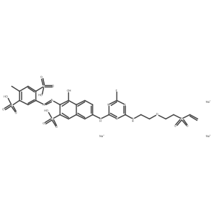 1,4-Benzenedisulfonic acid, 2-(2-(6-((4-((2-(2-(ethenylsulfonyl)ethoxy)ethyl)amino)-6-fluoro-1,3,5-triazin-2-yl)amino)-1-hydroxy-3-sulfo-2-naphthalenyl)diazenyl)-5-methyl-, sodium salt (1:3) Structure