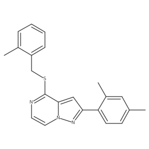 2-(2,4-Dimethylphenyl)-4-[(2-methylbenzyl)thio]pyrazolo[1,5-a]pyrazine Structure