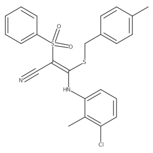 (E)-3-((3-chloro-2-methylphenyl)amino)-3-((4-methylbenzyl)thio)-2-(phenylsulfonyl)acrylonitrile结构式