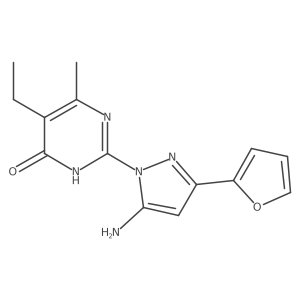 2-(5-amino-3-(furan-2-yl)-1H-pyrazol-1-yl)-5-ethyl-6-methylpyrimidin-4(3H)-one Structure
