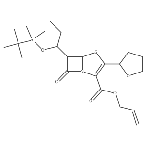 4-Thia-1-azabicyclo[3.2.0]hept-2-ene-2-carboxylic acid, 6-[1-[[(1,1-dimethylethyl)dimethylsilyl]oxy]propyl]-7-oxo-3-(tetrahydro-2-furanyl)-, 2-propenyl ester, [5S-[3(S*),5I+/-,6I+/-(S*)]]-结构式