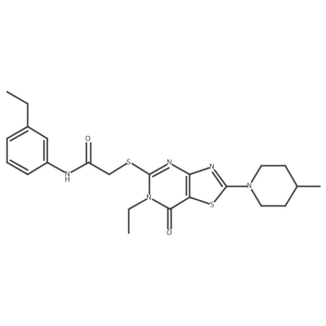 2-{[6-ethyl-2-(4-methylpiperidin-1-yl)-7-oxo-6H,7H-[1,3]thiazolo[4,5-d]pyrimidin-5-yl]sulfanyl}-N-(3-ethylphenyl)acetamide结构式