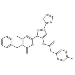 N-[1-(5-benzyl-4-methyl-6-oxo-1,6-dihydropyrimidin-2-yl)-3-(thiophen-2-yl)-1H-pyrazol-5-yl]-2-(4-fluorophenyl)acetamide结构式
