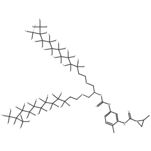 Carbamic acid, (4-methyl-3-(((2-methyl-1-aziridinyl)carbonyl)amino)phenyl)-, 2-((3,3,4,4,5,5,6,6,7,7,8,8,9,9,10,10,11,12,12,12-eicosafluoro-11-(trifluoromethyl)dodecyl)thio)-1-(((3,3,4,4,5,5,6,6,7,7,8,8,9,9,10,10,11,12,12,12-eicosafluoro-11-(trifluoromethyl)dodecyl)thio)methyl)ethyl ester结构式