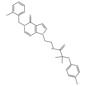 2-(4-chlorophenoxy)-N-(2-(5-(2-fluorobenzyl)-4-oxo-4,5-dihydro-1H-pyrazolo[3,4-d]pyrimidin-1-yl)ethyl)-2-methylpropanamide结构式