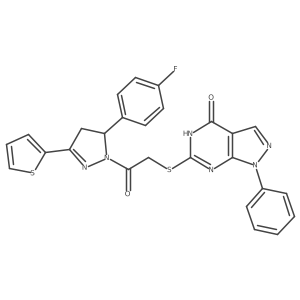 6-[2-[3-(4-fluorophenyl)-5-thiophen-2-yl-3,4-dihydropyrazol-2-yl]-2-oxoethyl]sulfanyl-1-phenyl-2H-pyrazolo[3,4-d]pyrimidin-4-one Structure