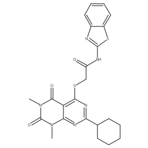 N-(1,3-benzothiazol-2-yl)-2-(7-cyclohexyl-1,3-dimethyl-2,4-dioxo-pyrimido[4,5-d]pyrimidin-5-yl)sulfanyl-acetamide结构式