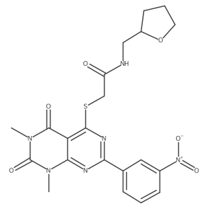 2-((6,8-dimethyl-2-(3-nitrophenyl)-5,7-dioxo-5,6,7,8-tetrahydropyrimido[4,5-d]pyrimidin-4-yl)thio)-N-((tetrahydrofuran-2-yl)methyl)acetamide Structure