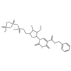 [[(2R,3R,4R,5R)-5-[5-(benzylcarbamoyl)-2,4-dioxo-pyrimidin-1-yl]-3-hydroxy-4-methoxy-tetrahydrofuran-2-yl]methoxy-hydroxy-phosphoryl] phosphono hydrogen phosphate Structure