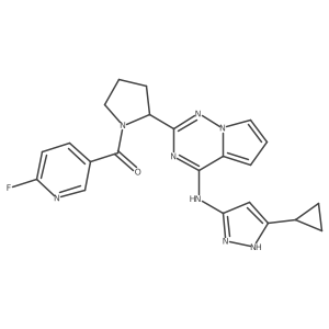 N-(5-cyclopropyl-1H-pyrazol-3-yl)-2-{(2S)-1-[(6-fluoropyridin-3-yl)carbonyl]pyrrolidin-2-yl}pyrrolo[2,1-f][1,2,4]triazin-4-amine结构式