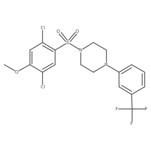COc1cc(Cl)c(S(=O)(=O)N2CCN(c3cccc(C(F)(F)F)c3)CC2)cc1Cl结构式