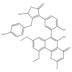 5-hydroxy-6-[2-hydroxy-5-[2-hydroxy-3-[(4-hydroxyphenyl)methyl]-5-oxo-2H-furan-4-yl]phenyl]-8,10-dimethoxy-2-methylbenzo[h]chromen-4-one结构式