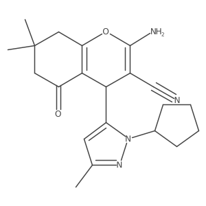 2-Amino-4-(1-cyclopentyl-3-methyl-1H-pyrazol-5-yl)-7,7-dimethyl-5-oxo-5,6,7,8-tetrahydro-4H-chromene-3-carbonitrile Structure