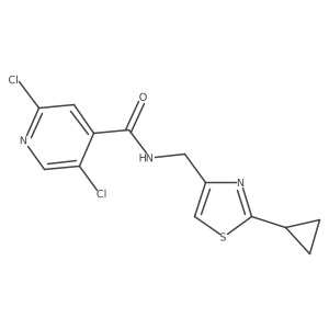 2,5-dichloro-N-[(2-cyclopropyl-1,3-thiazol-4-yl)methyl]pyridine-4-carboxamide结构式