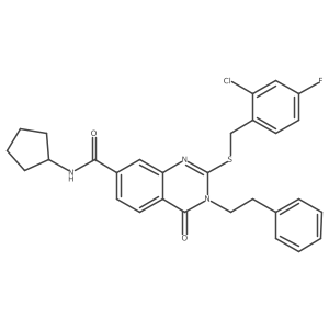 2-((2-chloro-4-fluorobenzyl)thio)-N-cyclopentyl-4-oxo-3-phenethyl-3,4-dihydroquinazoline-7-carboxamide结构式