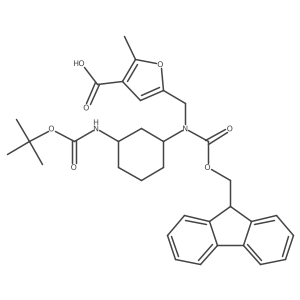 5-({[(1R,3R)-3-{[(tert-butoxy)carbonyl]amino}cyclohexyl]({[(9H-fluoren-9-yl)methoxy]carbonyl})amino}methyl)-2-methylfuran-3-carboxylic acid Structure