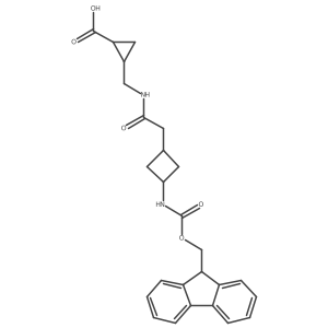 rac-(1R,2S)-2-({2-[3-({[(9H-fluoren-9-yl)methoxy]carbonyl}amino)cyclobutyl]acetamido}methyl)cyclopropane-1-carboxylic acid结构式