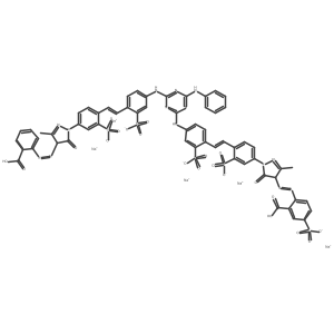 Pentasodium 5-[(4-anilino-6-{4-[2-(4-{4-[(2-carboxyphenyl)diazenyl]-3-methyl-5-oxo-4,5-dihydro-1H-pyrazol-1-yl}-2-sulfonatophenyl)ethenyl]-3-sulfonatoanilino}-1,3,5-triazin-2-yl)amino]-2-[2-(4-{4-[(2-carboxy-4-sulfonatophenyl)diazenyl]-3-methyl-5-oxo-4,5-dihydro-1H-pyrazol-1-yl}-2-sulfonatophenyl)ethenyl]benzenesulfonate结构式