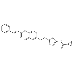 6-(((5-(cyclopropanecarboxamido)-1,3,4-thiadiazol-2-yl)thio)methyl)-4-oxo-4H-pyran-3-yl cinnamate结构式