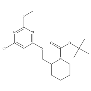 2-(6-Chloro-2-methylsulfanyl-pyrimidin-4-ylsulfanylmethyl)-piperidine-1-carboxylic acid tert-butyl ester结构式