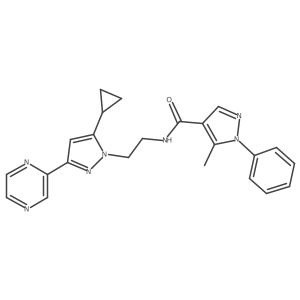 N-(2-(5-cyclopropyl-3-(pyrazin-2-yl)-1H-pyrazol-1-yl)ethyl)-5-methyl-1-phenyl-1H-pyrazole-4-carboxamide结构式