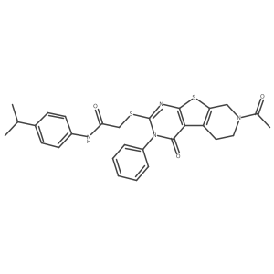 2-((7-acetyl-4-oxo-3-phenyl-3,4,5,6,7,8-hexahydropyrido[4',3':4,5]thieno[2,3-d]pyrimidin-2-yl)thio)-N-(4-isopropylphenyl)acetamide结构式