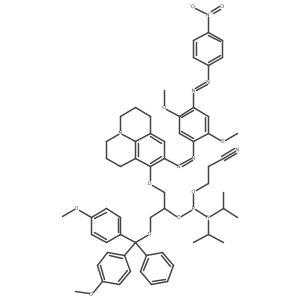 1-[Bis(4-methoxyphenyl)(phenyl)methoxy]-3-{[9-({2,5-dimethoxy-4-[(4-nitrophenyl)diazenyl]phenyl}diazenyl)-2,3,6,7-tetrahydro-1H,5H-pyrido[3,2,1-ij]quinolin-8-yl]oxy}-2-propanyl 2-cyanoethyl N,N-di-2-propanylphosphoramidoite结构式