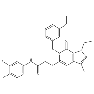 2-({1-ethyl-6-[(3-methoxyphenyl)methyl]-3-methyl-7-oxo-1H,6H,7H-pyrazolo[4,3-d]pyrimidin-5-yl}sulfanyl)-N-(3-fluoro-4-methylphenyl)acetamide结构式