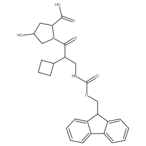 (2R,4R)-1-[2-cyclobutyl-3-({[(9H-fluoren-9-yl)methoxy]carbonyl}amino)propanoyl]-4-hydroxypyrrolidine-2-carboxylic acid结构式