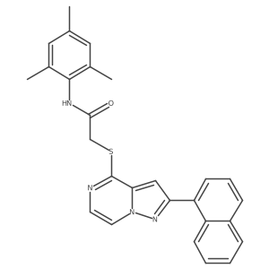2-{[2-(naphthalen-1-yl)pyrazolo[1,5-a]pyrazin-4-yl]sulfanyl}-N-(2,4,6-trimethylphenyl)acetamide结构式